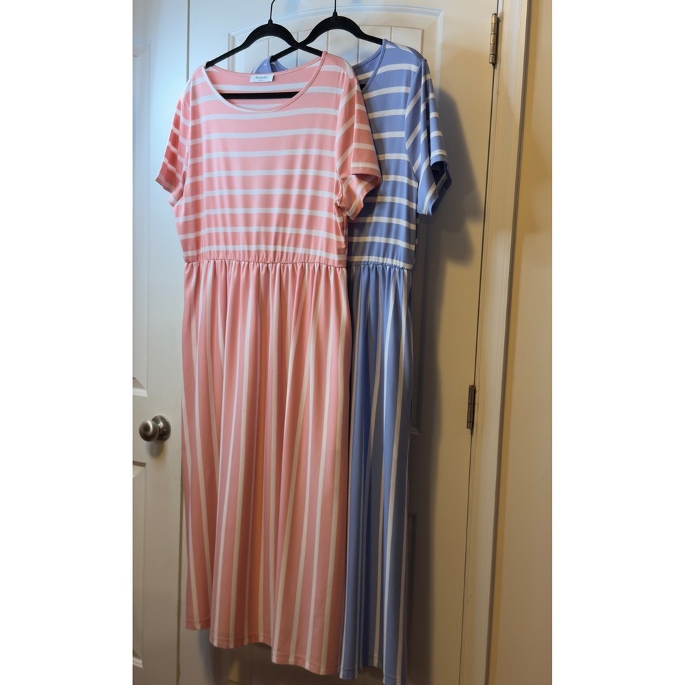 ✨NWOT SHEIN Size XL Striped Long Maxi Dress Pockets Short Sleeve Summer Vaca - Picture 6 of 14
